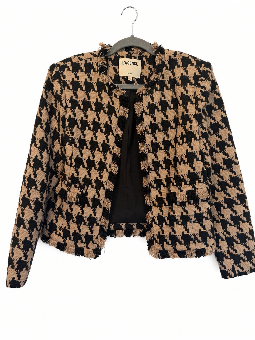 L'AGENCE Black and Tan Houndstooth Fringe Tweed Jacket